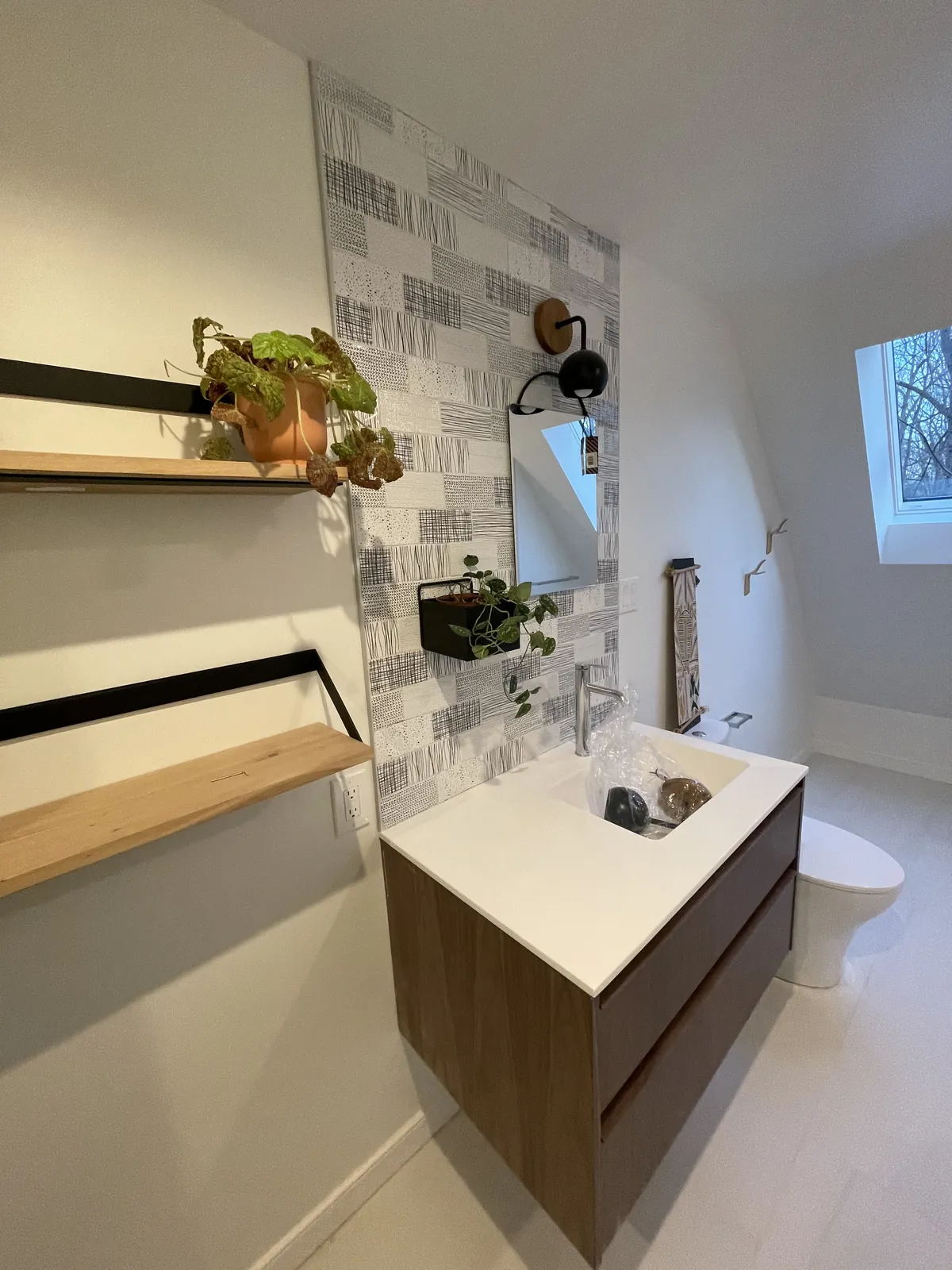 Floating vanity with open shelving
