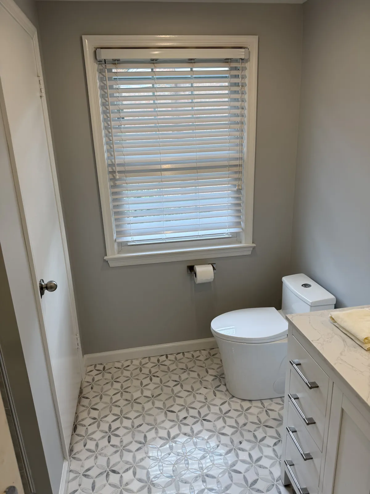 Marble mosaic floor and shaker vanity